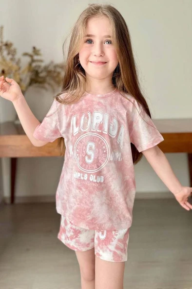 Kız Çocuk Florida Yazı Baskılı Penye T-Shirt Pudra Şortlu Takım - Resim 3