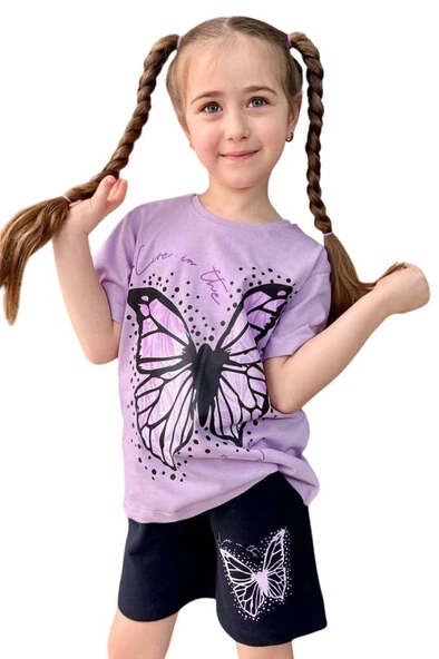 Kız Çocuk Kara Kalem Kelebek Baskılı Penye Lila T-Shirt Şortlu Takım - Resim 4