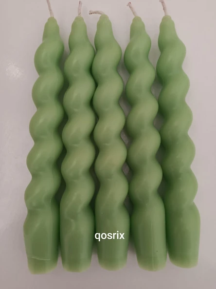 qosrix 5'li Açık Yeşil Italyan Burgulu Şamdan Soya Mumu Doğal Kokulu Uzun Çubuk Konik Burgu Spiral Mum Dekoratif