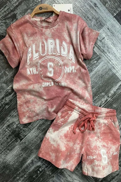 Kız Çocuk Florida Yazı Baskılı Penye T-Shirt Pudra Şortlu Takım - Resim 8