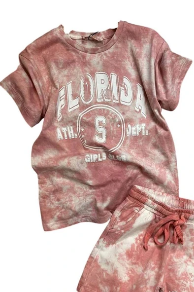 Kız Çocuk Florida Yazı Baskılı Penye T-Shirt Pudra Şortlu Takım - Resim 6