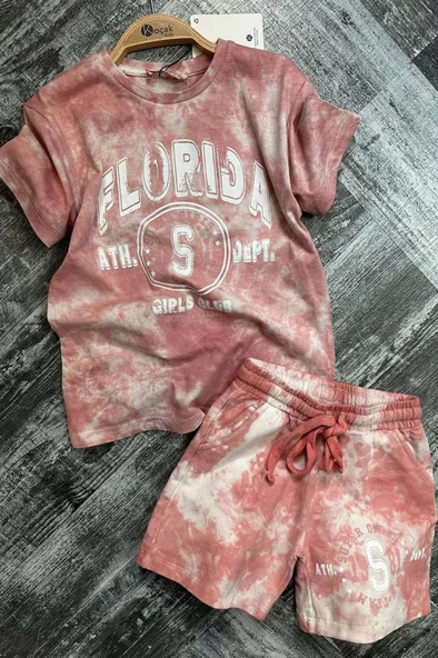 Kız Çocuk Florida Yazı Baskılı Penye T-Shirt Pudra Şortlu Takım - Resim 2