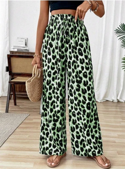 Kadın Süprem Kumaş Beli Lastikli Leopar Desen Pantolon - 3