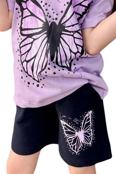 Kız Çocuk Kara Kalem Kelebek Baskılı Penye Lila T-Shirt Şortlu Takım - Resim 6