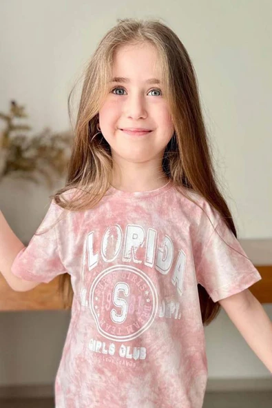 Kız Çocuk Florida Yazı Baskılı Penye T-Shirt Pudra Şortlu Takım - Resim 10
