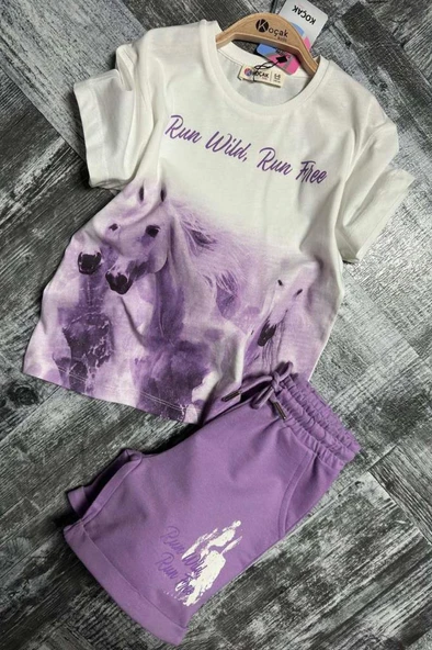 Kız Çocuk Üzeri Digital At ve Yazı Baskılı Lila Şortlu Takım ürün görseli