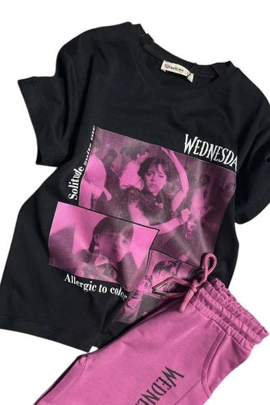 Kız Çocuk Wednesday Baskı Figürlü ve Yazı Baskılı Penye T-Shirt Mor Şortlu Takım - Resim 5