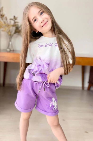 Kız Çocuk Üzeri Digital At ve Yazı Baskılı Lila Şortlu Takım - Resim 2
