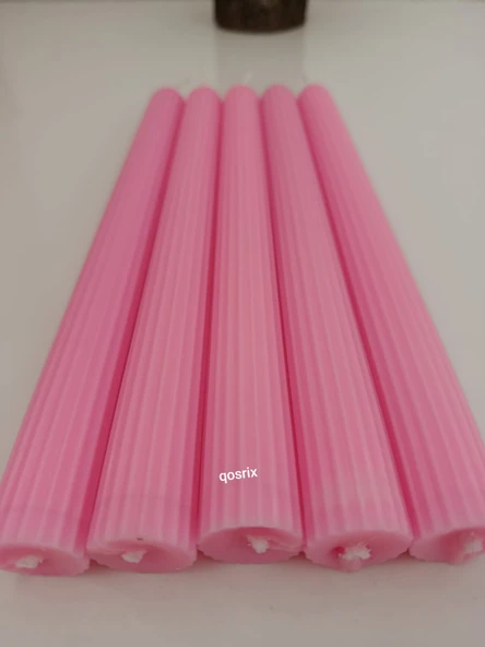 qosrix 5'li Pudra Pembe Şamdan Soya Mumu 1. Kalite Soya Doğal Pudra Kokulu Uzun Çubuk Konik Mum Dekoratif - Resim 2