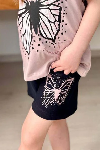 Kız Çocuk Kara Kalem Kelebek Baskılı Penye Pudra T-Shirt Şortlu Takım - Resim 3