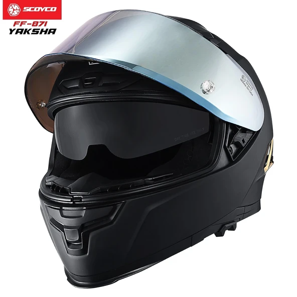 SCOYCO FF-871 YAKSHA MAT SİYAH-GOLD GÜNEŞ VİZÖRLÜ KAPALI KASK (GOLD CAMLI) - Resim 4