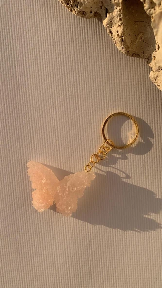 Sedefli Pudra Renkli Kelebek Şekil 3D Kabartmalı Gold Halka Anahtarlık El Yapımı Epoksi Hediyelik - Resim 8
