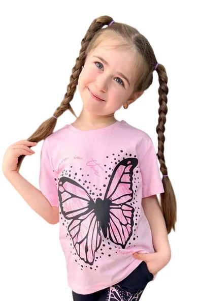 Kız Çocuk Kara Kalem Kelebek Baskılı Penye Pembe T-Shirt Şortlu Takım - Resim 5