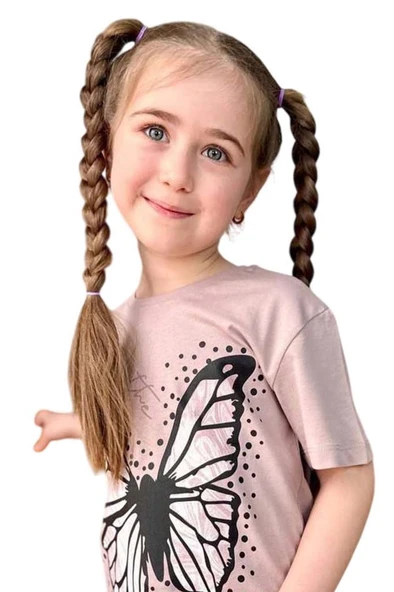 Kız Çocuk Kara Kalem Kelebek Baskılı Penye Pudra T-Shirt Şortlu Takım - Resim 5