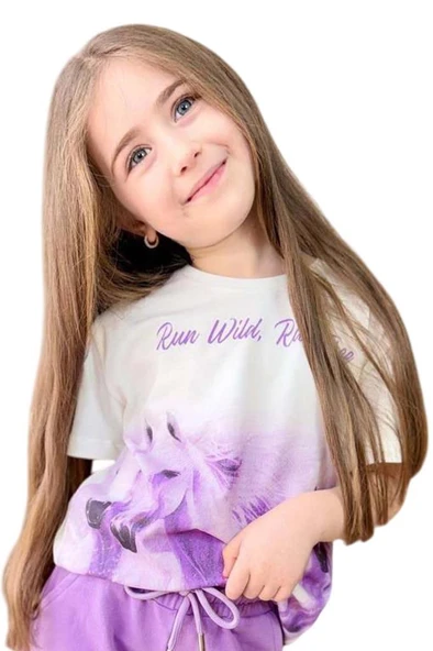 Kız Çocuk Üzeri Digital At ve Yazı Baskılı Lila Şortlu Takım - Resim 6