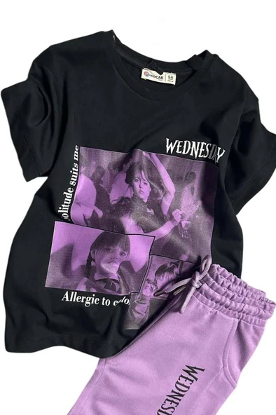 Kız Çocuk Wednesday Baskı Figürlü ve Yazı Baskılı Penye T-Shirt Lila Şortlu Takım - Resim 5