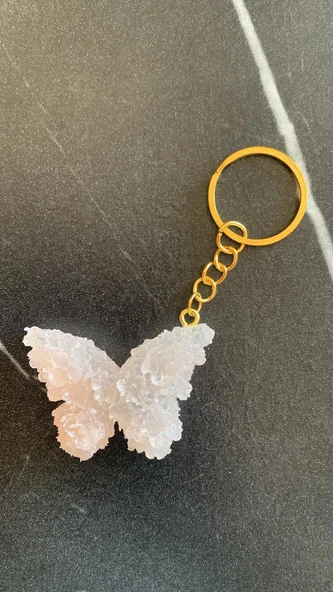Sedefli Pudra Renkli Kelebek Şekil 3D Kabartmalı Gold Halka Anahtarlık El Yapımı Epoksi Hediyelik - Resim 3