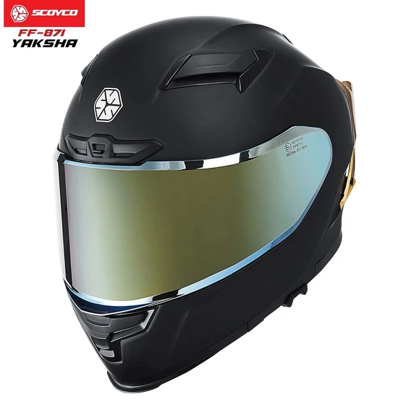 SCOYCO FF-871 YAKSHA MAT SİYAH-GOLD GÜNEŞ VİZÖRLÜ KAPALI KASK (GOLD CAMLI) - Resim 2