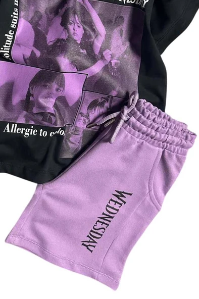 Kız Çocuk Wednesday Baskı Figürlü ve Yazı Baskılı Penye T-Shirt Lila Şortlu Takım - Resim 6