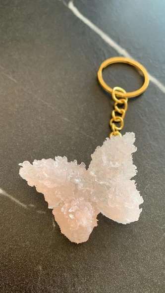 Sedefli Pudra Renkli Kelebek Şekil 3D Kabartmalı Gold Halka Anahtarlık El Yapımı Epoksi Hediyelik - Resim 5