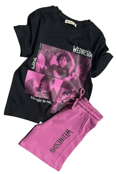 Kız Çocuk Wednesday Baskı Figürlü ve Yazı Baskılı Penye T-Shirt Mor Şortlu Takım - Resim 4