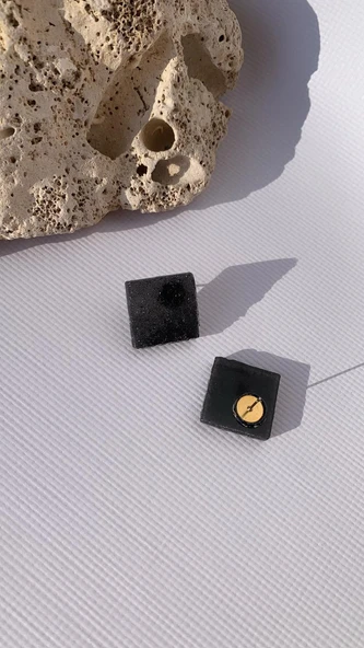 Tırtıklı Füme Renkli Büyük Boy Kare Şekil Gold Aksesuarlı Epoksi Küpe El Yapımı Hediyelik - 3