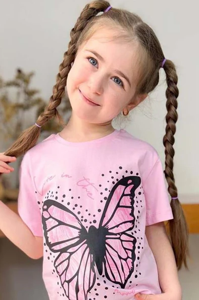 Kız Çocuk Kara Kalem Kelebek Baskılı Penye Pembe T-Shirt Şortlu Takım - Resim 2