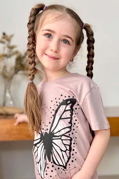 Kız Çocuk Kara Kalem Kelebek Baskılı Penye Pudra T-Shirt Şortlu Takım - Resim 2