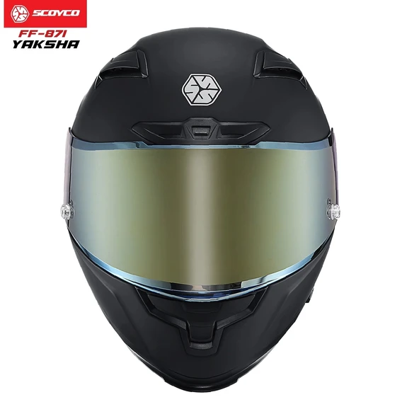 SCOYCO FF-871 YAKSHA MAT SİYAH-GOLD GÜNEŞ VİZÖRLÜ KAPALI KASK (GOLD CAMLI) - Resim 3