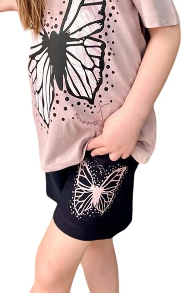 Kız Çocuk Kara Kalem Kelebek Baskılı Penye Pudra T-Shirt Şortlu Takım - Resim 6