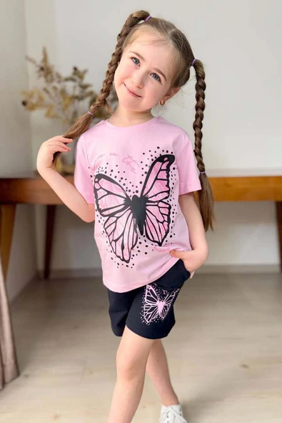 Kız Çocuk Kara Kalem Kelebek Baskılı Penye Pembe T-Shirt Şortlu Takım - Resim 7