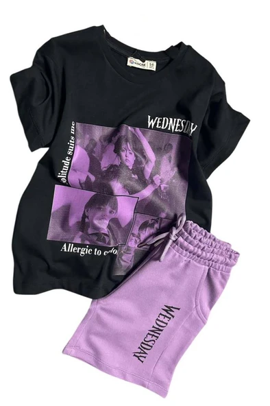 Kız Çocuk Wednesday Baskı Figürlü ve Yazı Baskılı Penye T-Shirt Lila Şortlu Takım - Resim 4