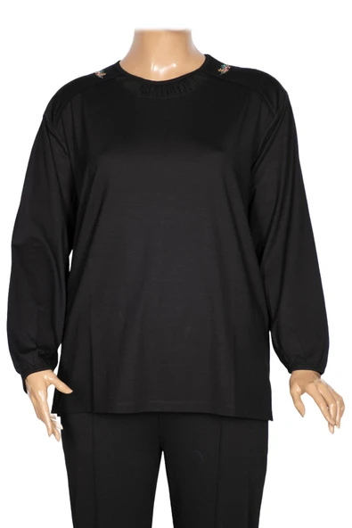 Cimariva Kadın Meyra Büyük Beden O Yaka Nakışlı Siyah Bluz