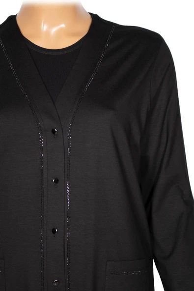 Hesna Kadın Umut Battal Beden Beş Düğmeli Cepli Penye Siyah Ceket - 2