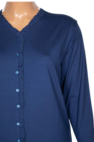 Cimariva Kadın Ülkü Büyük Beden Fırfırlı V Yaka İndigo Bluz - 2