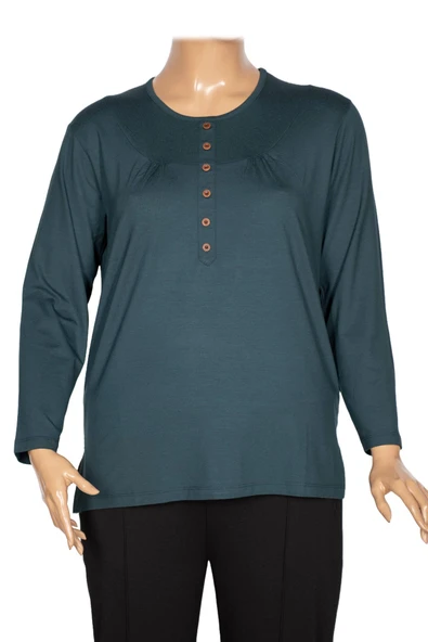 Cimariva Kadın Arsu Büyük Beden Robalı Süs Düğmeli Koyu Turkuaz Bluz ürün görseli 1