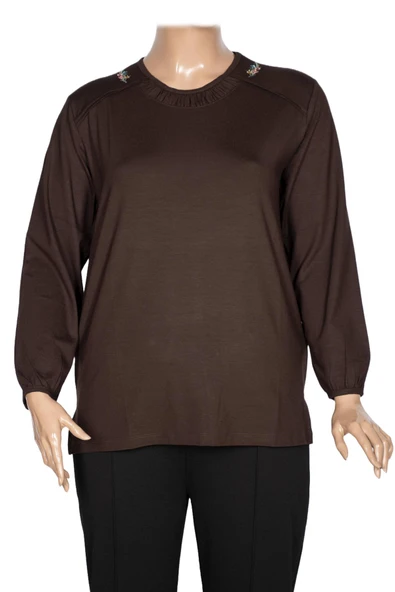 Cimariva Kadın Meyra Büyük Beden O Yaka Nakışlı Kahverengi Bluz ürün görseli 1