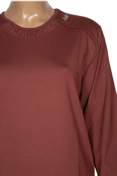 Cimariva Kadın Meyra Büyük Beden O Yaka Nakışlı Taba Bluz - 2