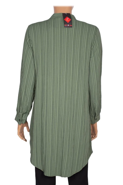 Hazel Kadın Yaka Roba Fırfırlı Kırışık Pamuk Keten Yeşil Gömlek - 3