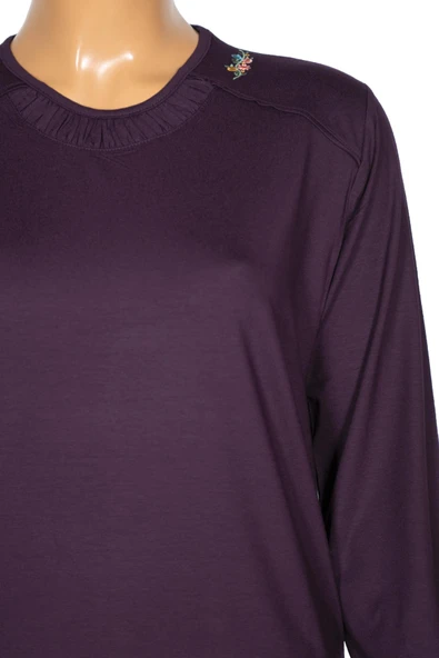 Cimariva Kadın Meyra Büyük Beden O Yaka Nakışlı Mürdüm Bluz - 2