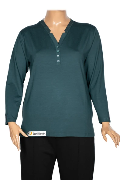 Cimariva Kadın Neval Büyük Beden V Yaka Taşlı Koyu Turkuaz Bluz ürün görseli 1