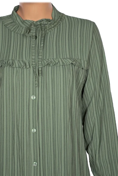 Hazel Kadın Yaka Roba Fırfırlı Kırışık Pamuk Keten Yeşil Gömlek - 2