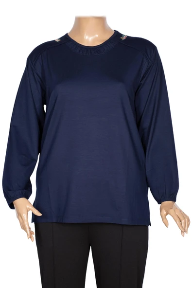 Cimariva Kadın Meyra Büyük Beden O Yaka Nakışlı Lacivert Bluz