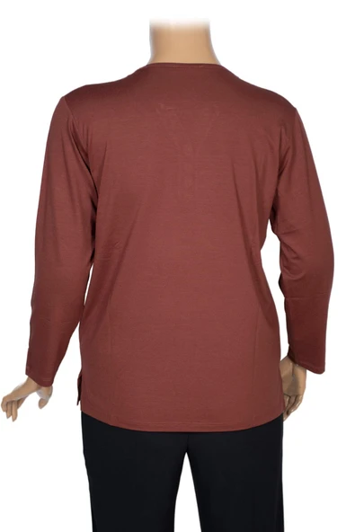 Cimariva Kadın Meyra Büyük Beden O Yaka Nakışlı Taba Bluz - 3