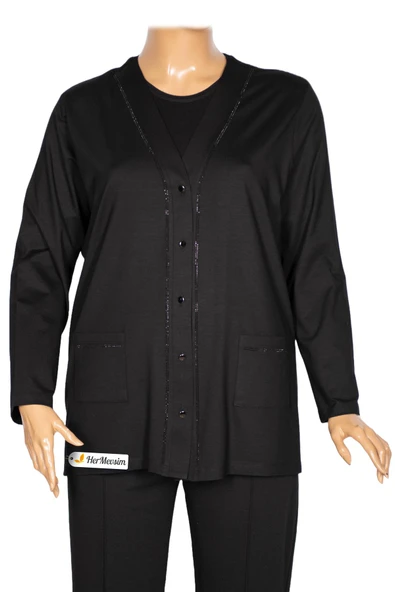 Hesna Kadın Umut Battal Beden Beş Düğmeli Cepli Penye Siyah Ceket