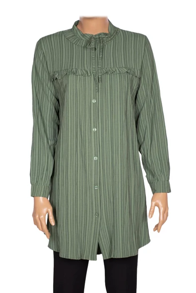 Hazel Kadın Yaka Roba Fırfırlı Kırışık Pamuk Keten Yeşil Gömlek