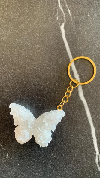 Sedefli Beyaz Renkli Kelebek Şekil 3D Kabartmalı Gold Halka Anahtarlık El Yapımı Epoksi Hediyelik - 2