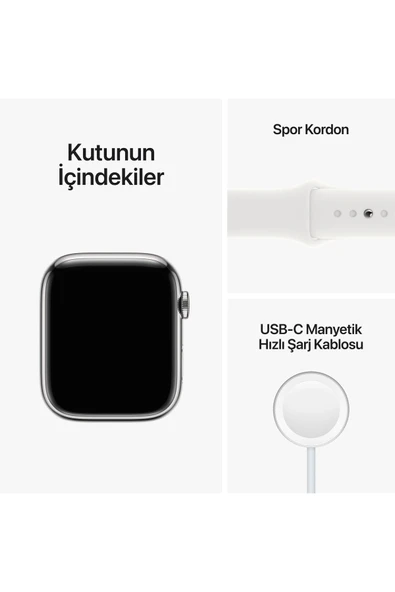 Apple Watch Series 8 GPS + Cellular 41mm Gümüş Paslanmaz Çelik Kasa ve Beyaz Spor Kordon - Regular - 8