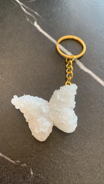 Sedefli Beyaz Renkli Kelebek Şekil 3D Kabartmalı Gold Halka Anahtarlık El Yapımı Epoksi Hediyelik - 4