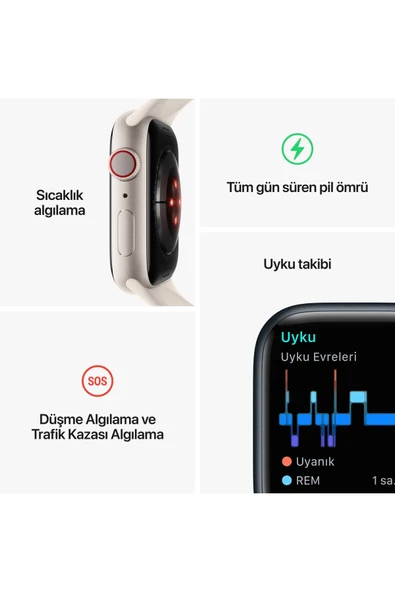 Apple Watch Series 8 GPS + Cellular 41mm Gümüş Paslanmaz Çelik Kasa ve Beyaz Spor Kordon - Regular - 9